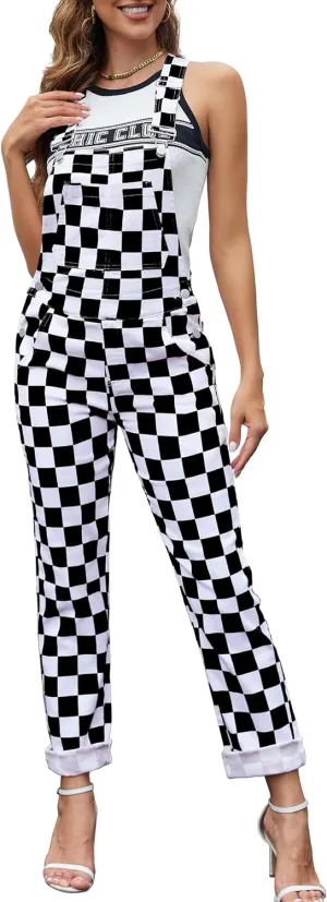 Checkered Pants Womens Overalls Fashion Bib Coveralls Cute Stretch Jeans Jumpsuit