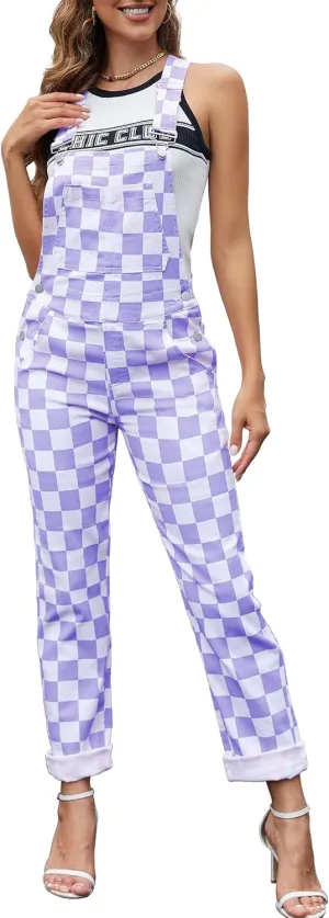 Checkered Pants Womens Overalls Fashion Bib Coveralls Cute Stretch Jeans Jumpsuit