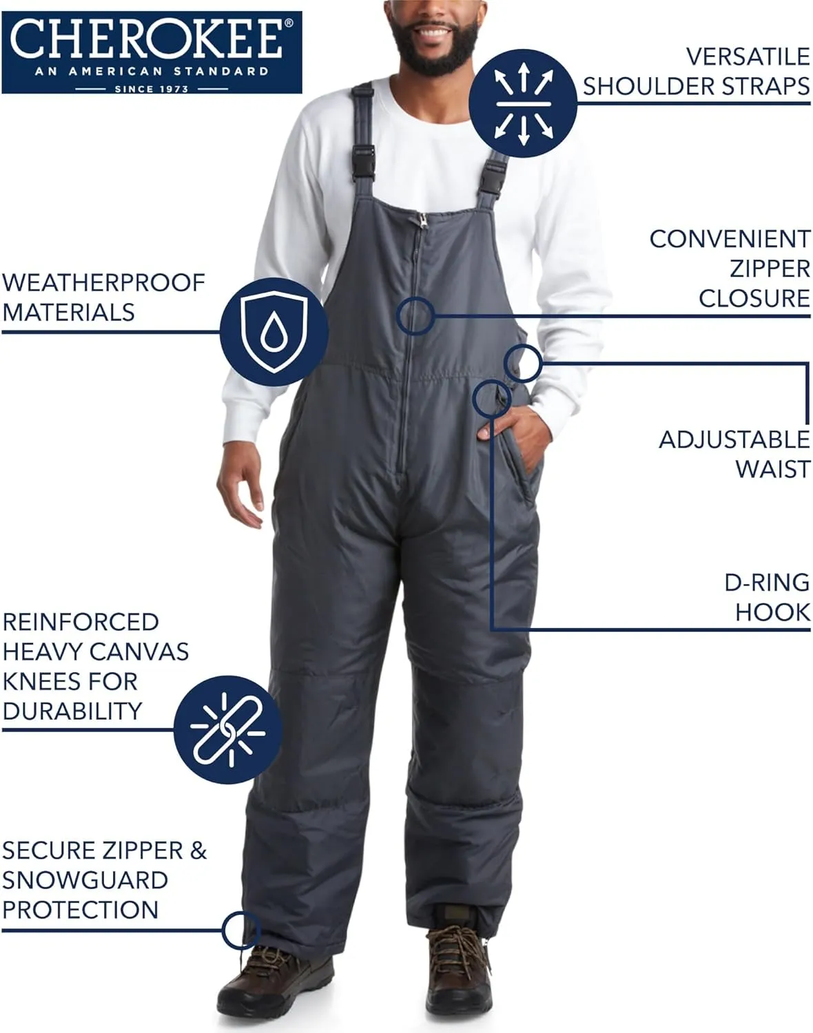Cherokee Men's Snow Bib - Insulated Waterproof Snow Pants Ski/Snowboard Overalls (M-2XL)