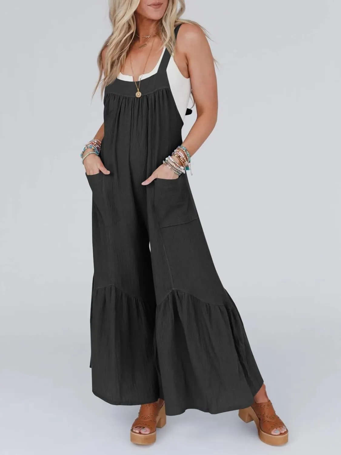 Cicy Belll Women's Wide Leg Ruffle Jumpsuits Open Back Summer Casual Boho Long Pants Rompers