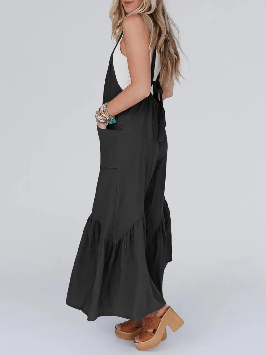 Cicy Belll Women's Wide Leg Ruffle Jumpsuits Open Back Summer Casual Boho Long Pants Rompers