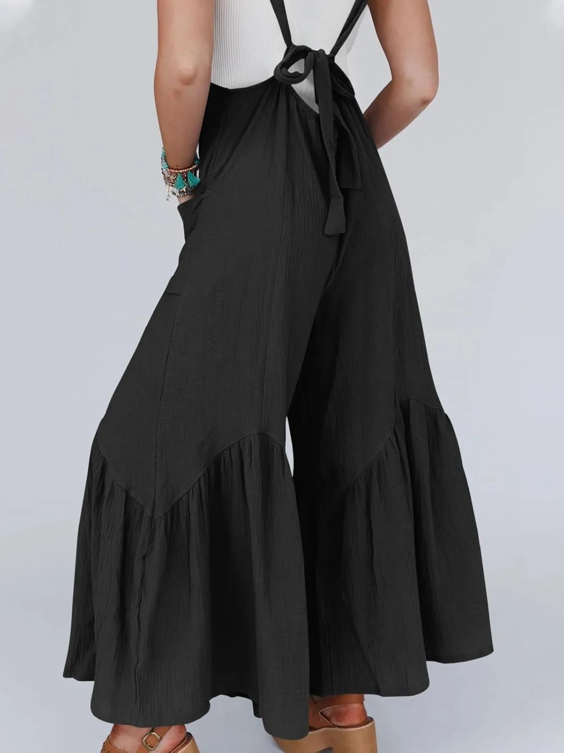 Cicy Belll Women's Wide Leg Ruffle Jumpsuits Open Back Summer Casual Boho Long Pants Rompers