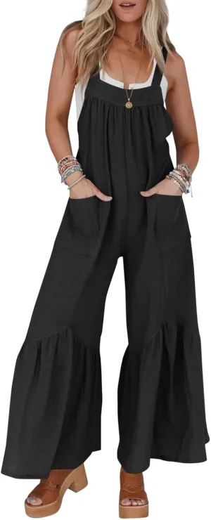 Cicy Belll Women's Wide Leg Ruffle Jumpsuits Open Back Summer Casual Boho Long Pants Rompers