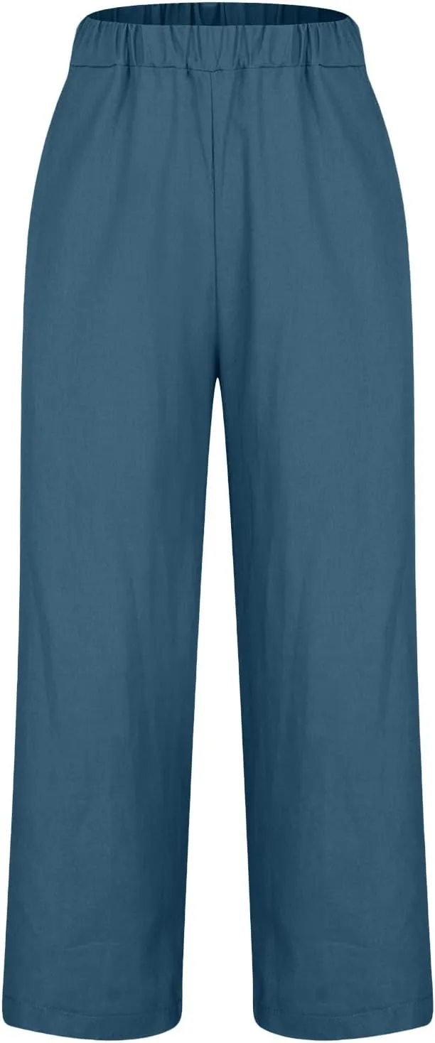 Comfy Womans Dress Pants Summer Loose Cotton Linen Pants Vacation Casual Beach Trousers Flowy Slacks with Pockets