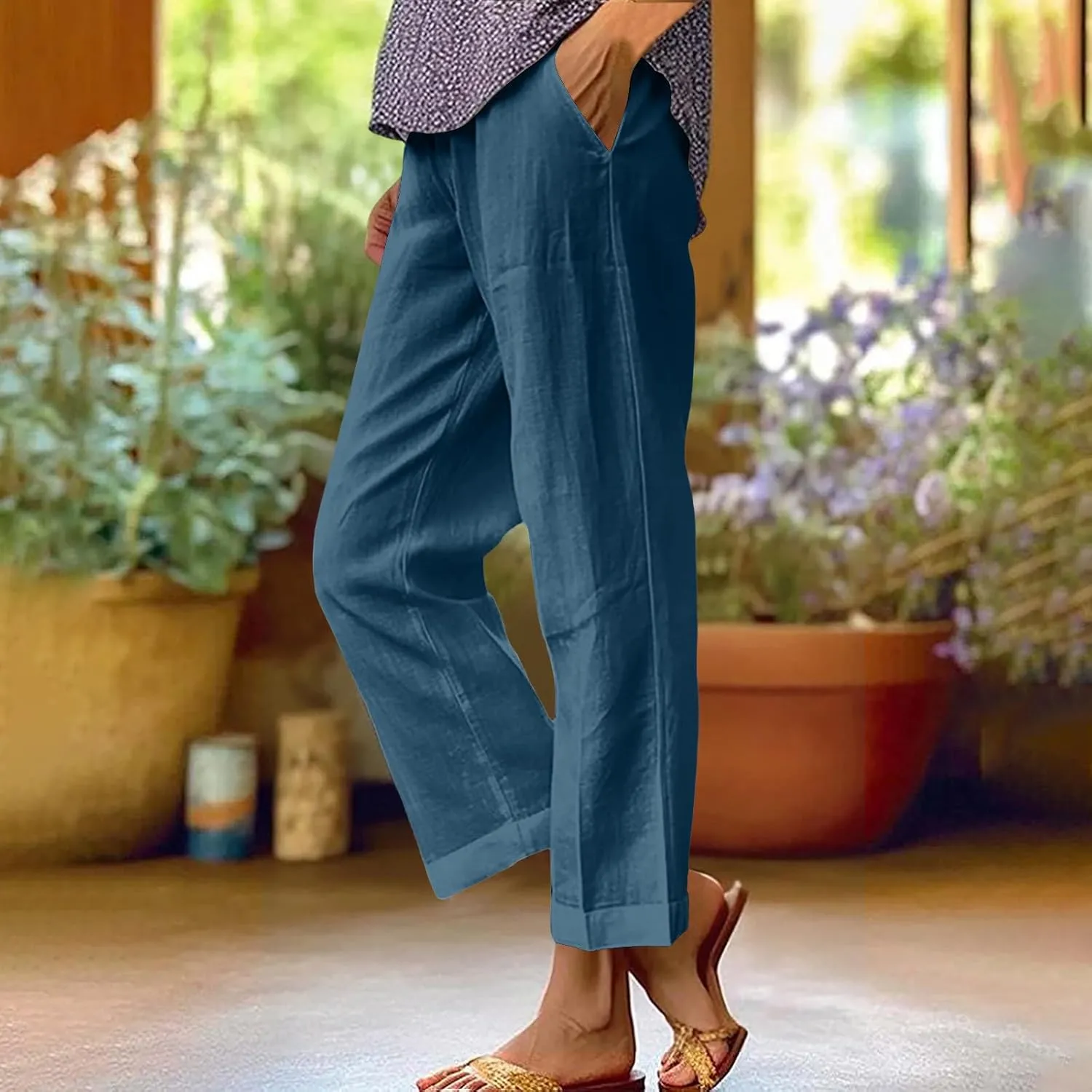 Comfy Womans Dress Pants Summer Loose Cotton Linen Pants Vacation Casual Beach Trousers Flowy Slacks with Pockets