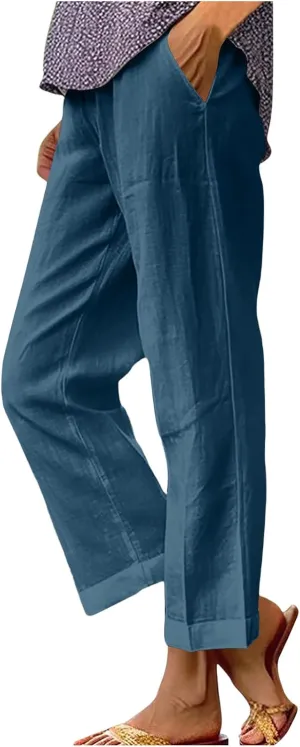 Comfy Womans Dress Pants Summer Loose Cotton Linen Pants Vacation Casual Beach Trousers Flowy Slacks with Pockets