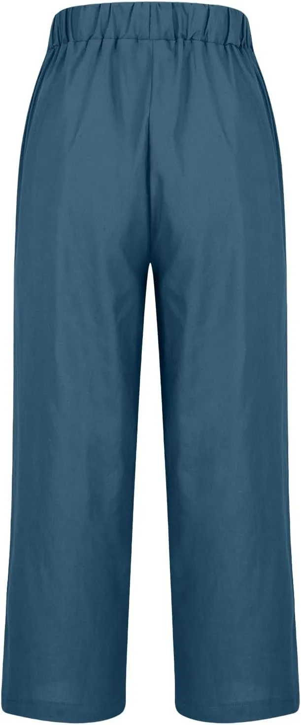 Comfy Womans Dress Pants Summer Loose Cotton Linen Pants Vacation Casual Beach Trousers Flowy Slacks with Pockets