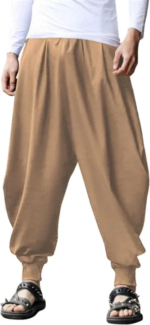 COOFANDY Men Hippie Harem Pants Baggy Linen Cotton Boho Yoga Pants Summer Beach Pants Casual Drop Crotch Trouser