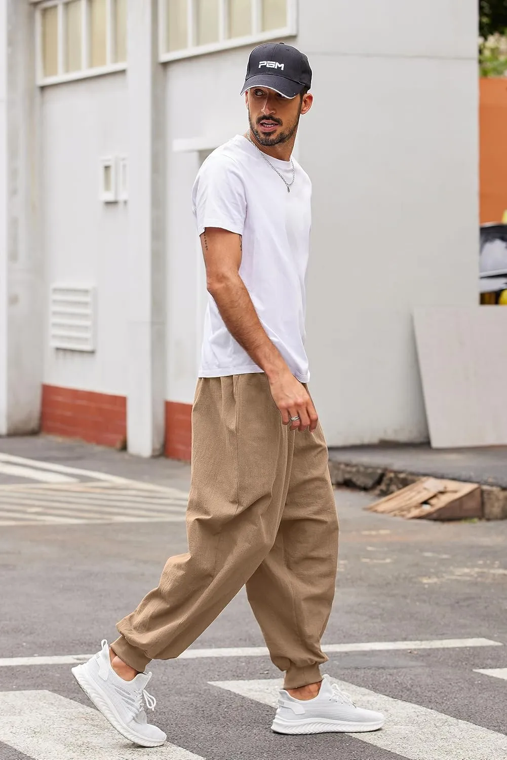 COOFANDY Men Hippie Harem Pants Baggy Linen Cotton Boho Yoga Pants Summer Beach Pants Casual Drop Crotch Trouser