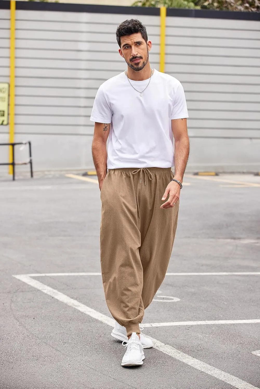 COOFANDY Men Hippie Harem Pants Baggy Linen Cotton Boho Yoga Pants Summer Beach Pants Casual Drop Crotch Trouser