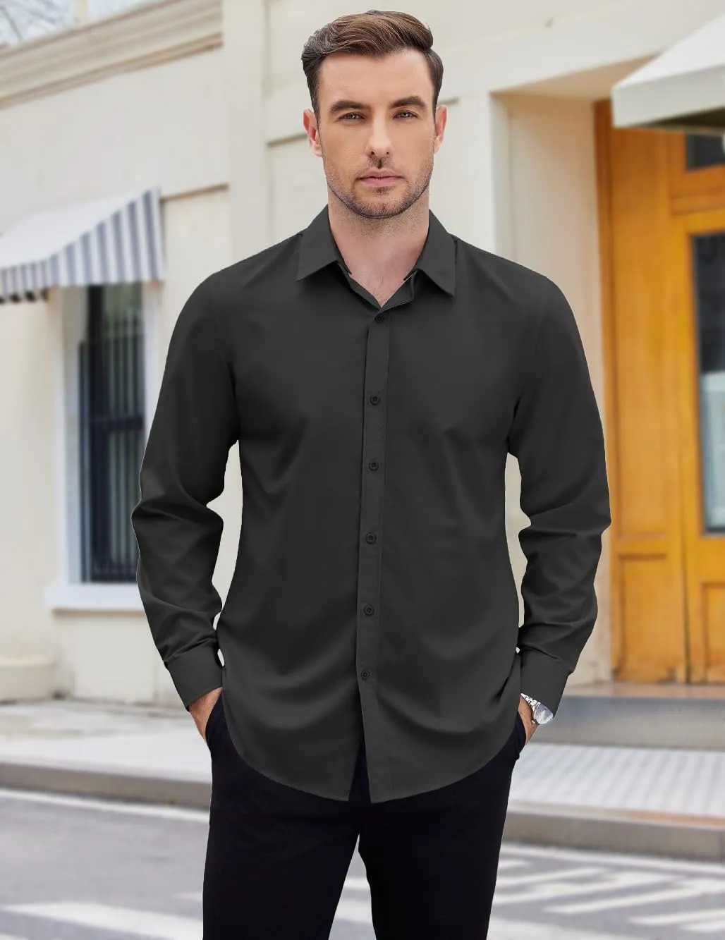 COOFANDY Mens 2-in-1 Dress Shirts Detachable Collar Long Sleeve Wrinkle Free Shirt Business Casual Button Down Shirt