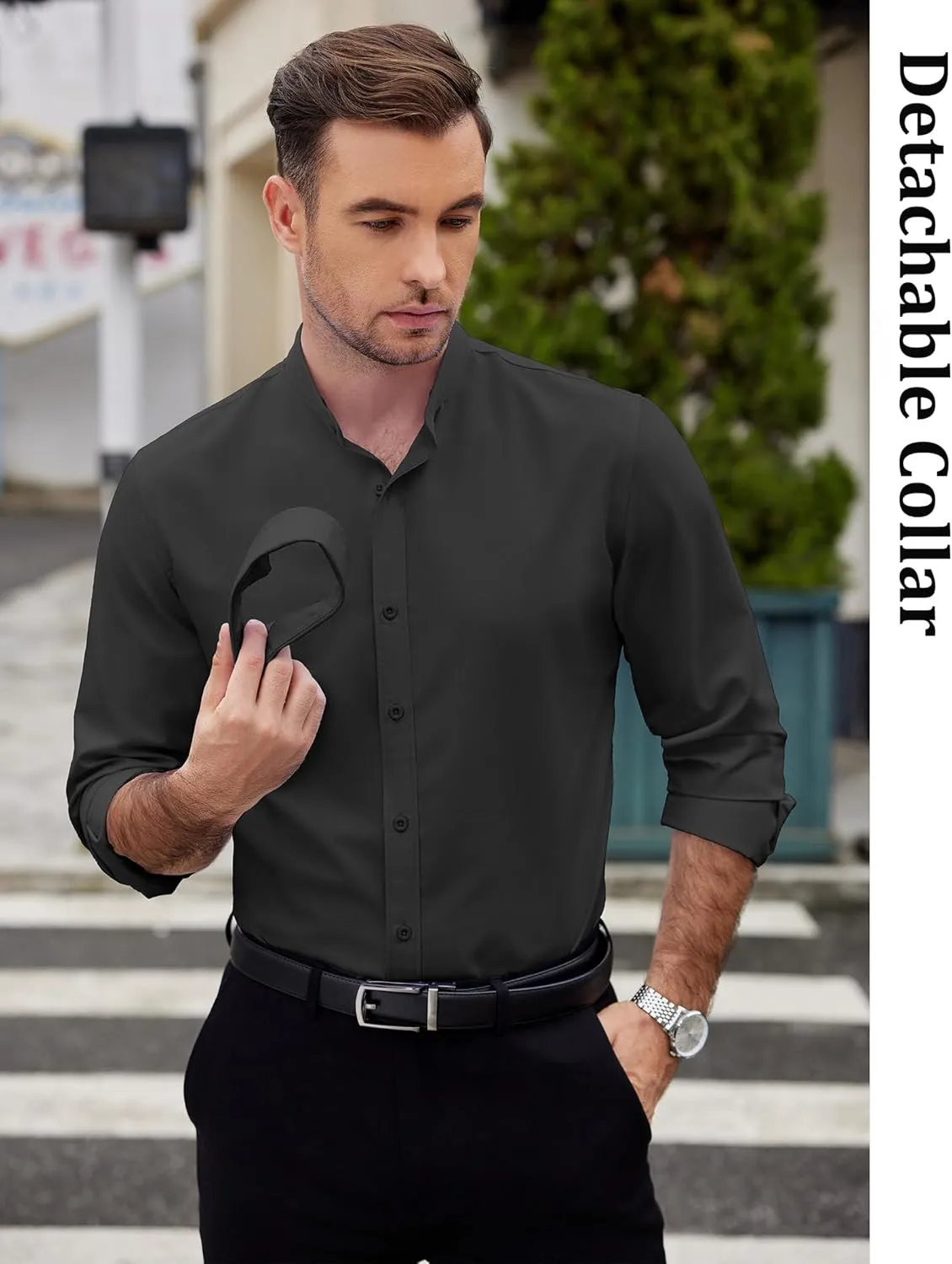COOFANDY Mens 2-in-1 Dress Shirts Detachable Collar Long Sleeve Wrinkle Free Shirt Business Casual Button Down Shirt