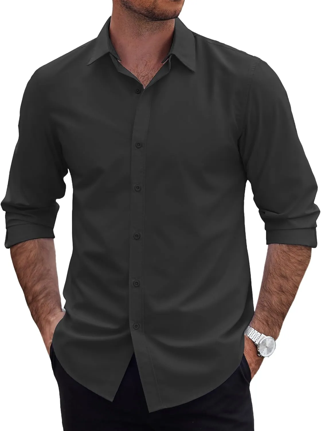 COOFANDY Mens 2-in-1 Dress Shirts Detachable Collar Long Sleeve Wrinkle Free Shirt Business Casual Button Down Shirt
