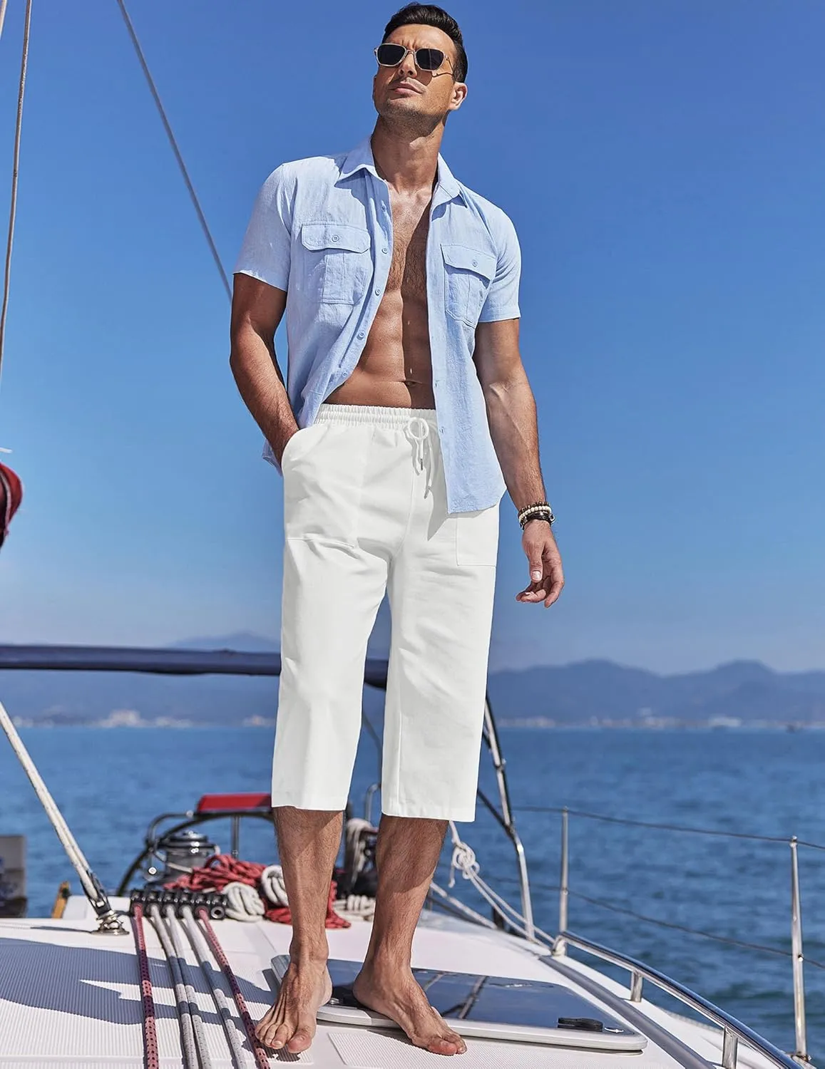 COOFANDY Men's Linen Capri Pants Casual Lightweight 3/4 Baggy Pants Drawstring Elastic Waist Beach Yoga Pants with Pockets