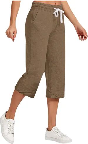 Cotton Linen Capri Pants for Women Casual Summer Wide Leg Pants Drawstring Stretch Yoga Capris Lounge Cropped Pants