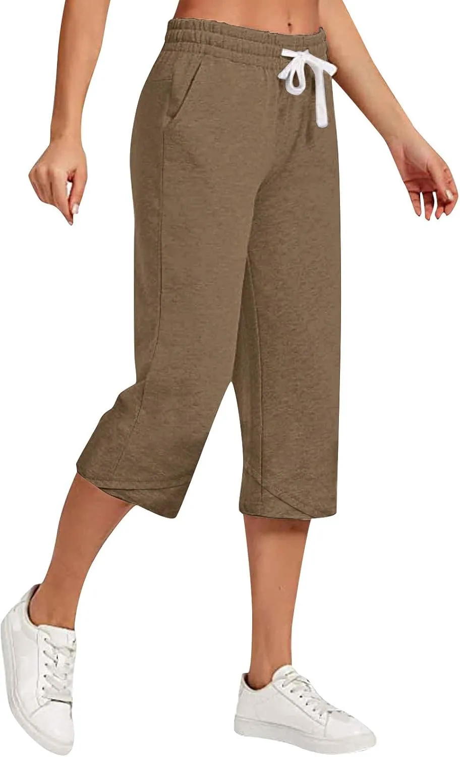 Cotton Linen Capri Pants for Women Casual Summer Wide Leg Pants Drawstring Stretch Yoga Capris Lounge Cropped Pants