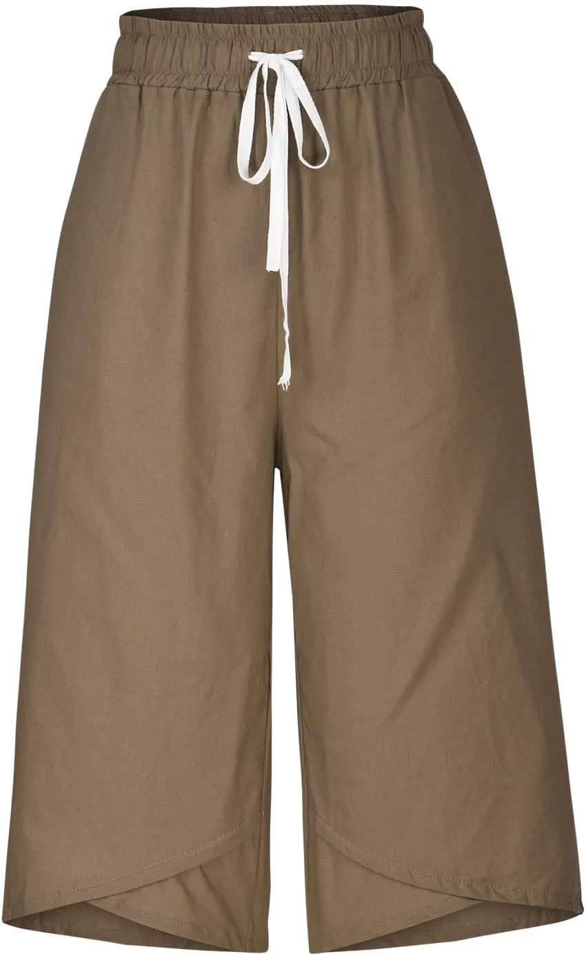 Cotton Linen Capri Pants for Women Casual Summer Wide Leg Pants Drawstring Stretch Yoga Capris Lounge Cropped Pants