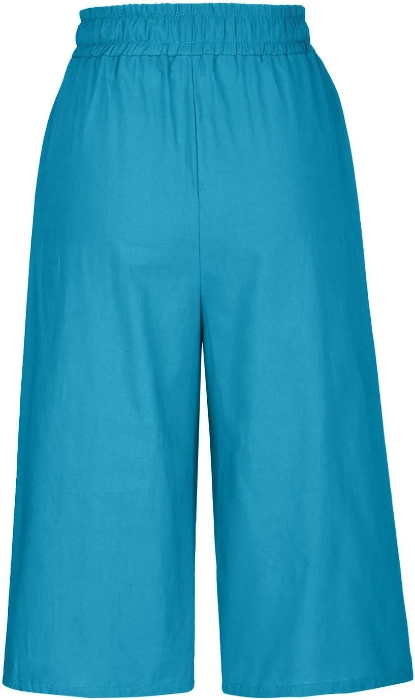 Cotton Linen Capri Pants for Women Casual Summer Wide Leg Pants Drawstring Stretch Yoga Capris Lounge Cropped Pants