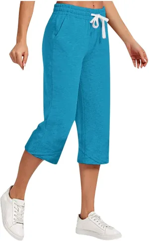 Cotton Linen Capri Pants for Women Casual Summer Wide Leg Pants Drawstring Stretch Yoga Capris Lounge Cropped Pants