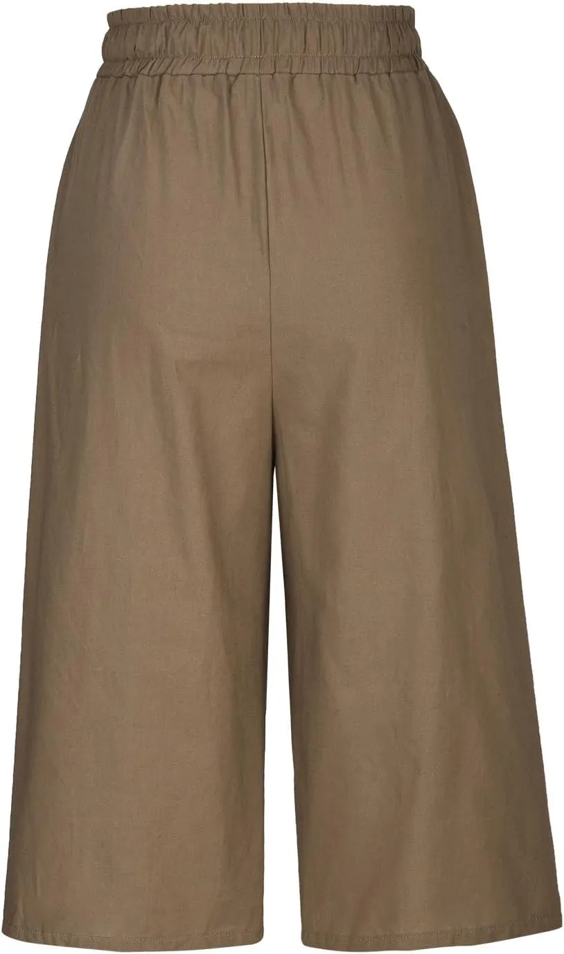 Cotton Linen Capri Pants for Women Casual Summer Wide Leg Pants Drawstring Stretch Yoga Capris Lounge Cropped Pants