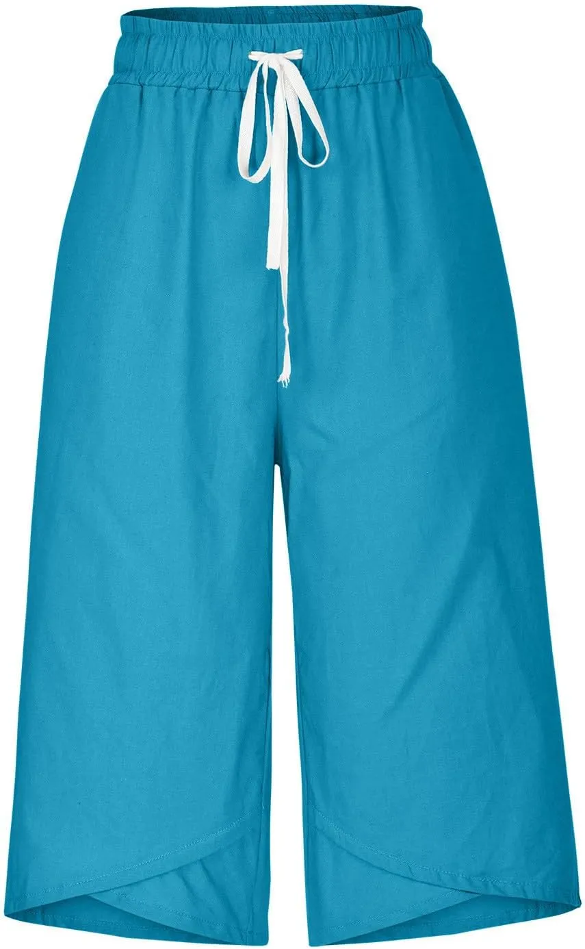 Cotton Linen Capri Pants for Women Casual Summer Wide Leg Pants Drawstring Stretch Yoga Capris Lounge Cropped Pants