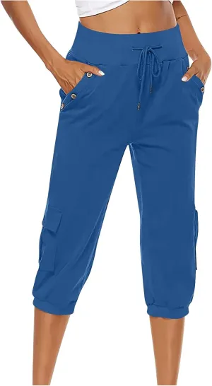 Cotton Linen Capri Pants for Women Drawstring High Waisted Loose Fit Summer Capris Casual Cropped Trouser with Pocket