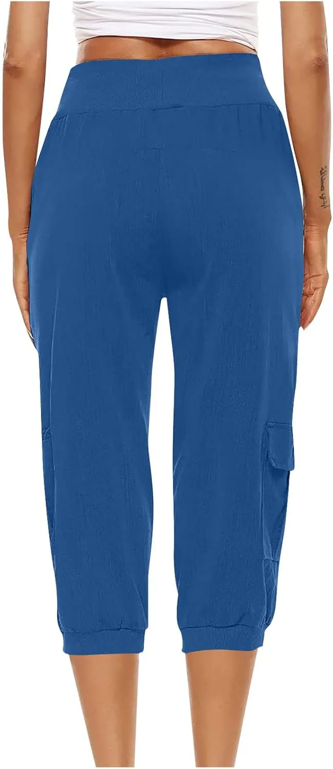 Cotton Linen Capri Pants for Women Drawstring High Waisted Loose Fit Summer Capris Casual Cropped Trouser with Pocket