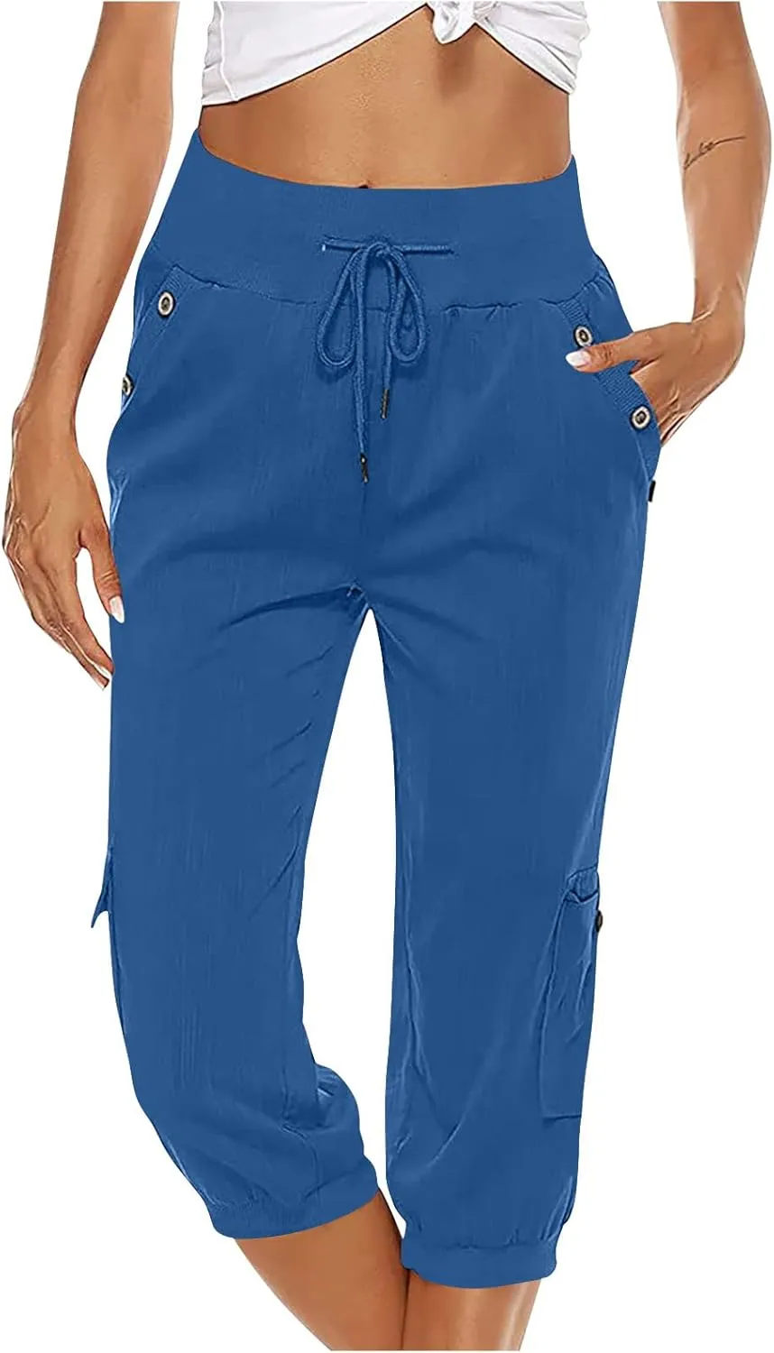 Cotton Linen Capri Pants for Women Drawstring High Waisted Loose Fit Summer Capris Casual Cropped Trouser with Pocket