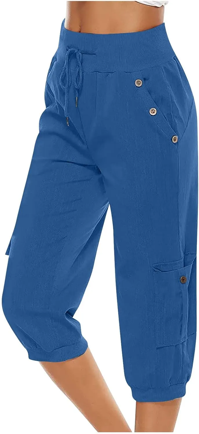 Cotton Linen Capri Pants for Women Drawstring High Waisted Loose Fit Summer Capris Casual Cropped Trouser with Pocket