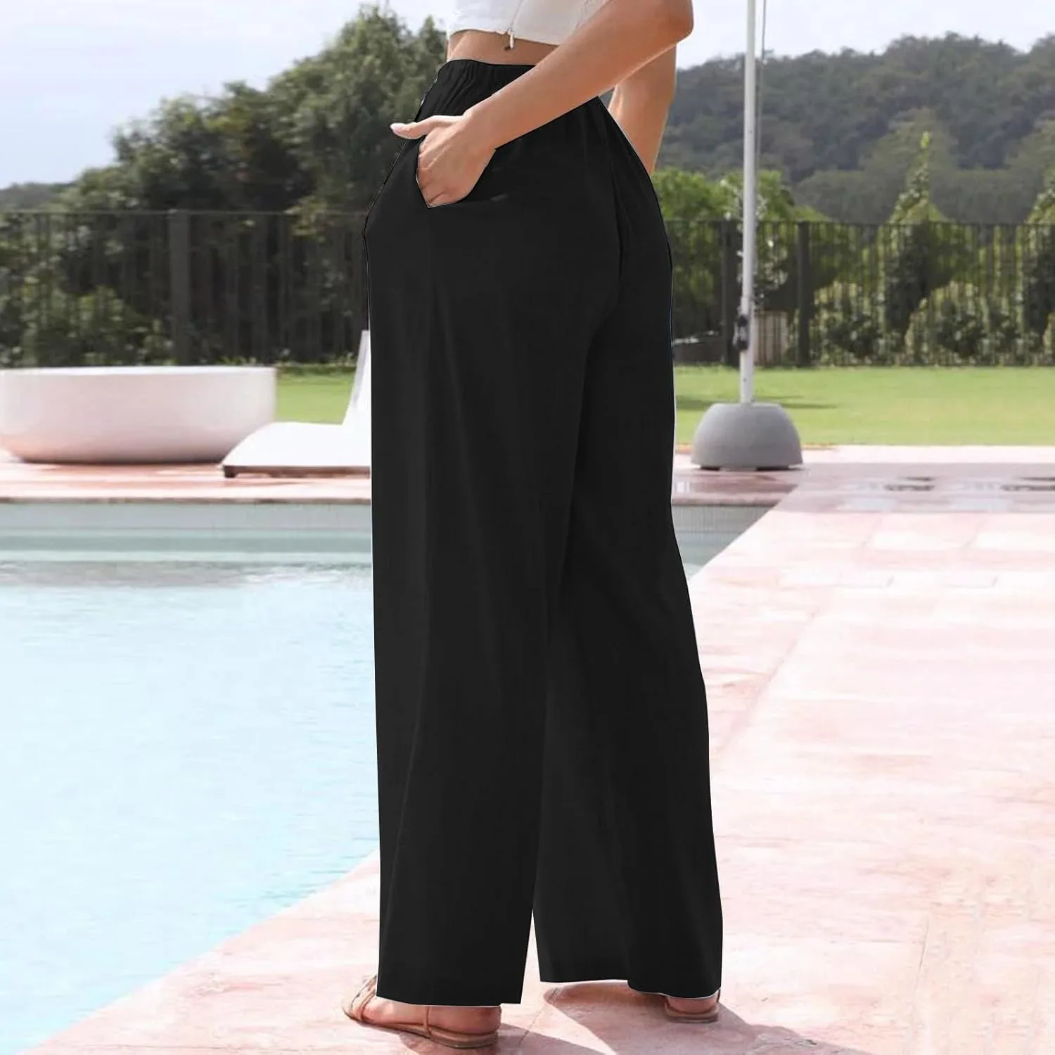 Cotton Linen Capri Pants for Women Flowy Wide Leg Summer High Waisted, Black Cargo Pants Women Golf Trousers