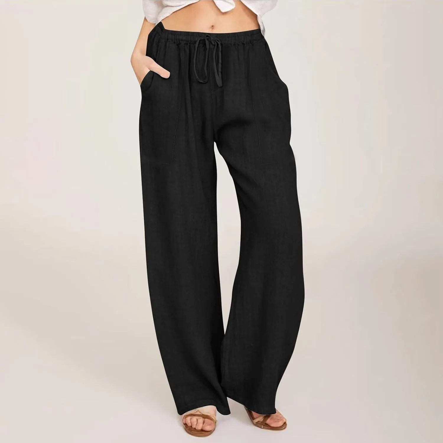 Cotton Linen Capri Pants for Women Flowy Wide Leg Summer High Waisted, Black Cargo Pants Women Golf Trousers