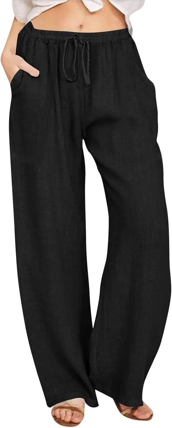 Cotton Linen Capri Pants for Women Flowy Wide Leg Summer High Waisted, Black Cargo Pants Women Golf Trousers