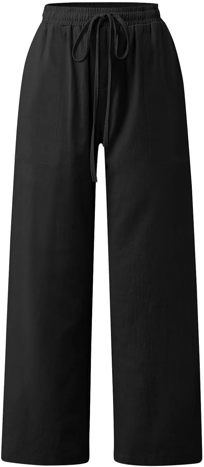 Cotton Linen Capri Pants for Women Flowy Wide Leg Summer High Waisted, Black Cargo Pants Women Golf Trousers