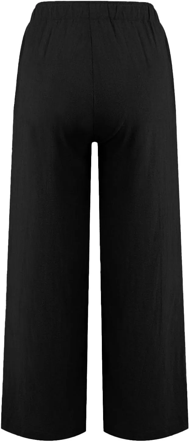 Cotton Linen Capri Pants for Women Flowy Wide Leg Summer High Waisted, Black Cargo Pants Women Golf Trousers