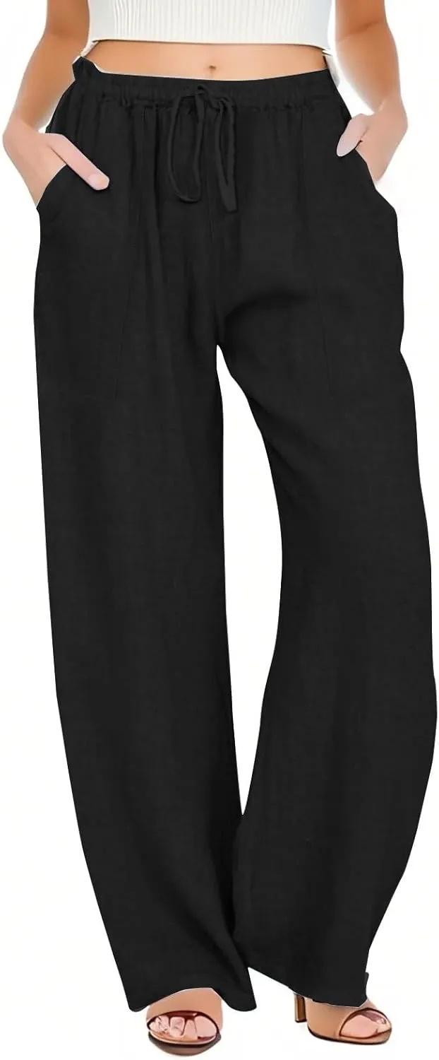 Cotton Linen Capri Pants for Women Flowy Wide Leg Summer High Waisted, Black Cargo Pants Women Golf Trousers