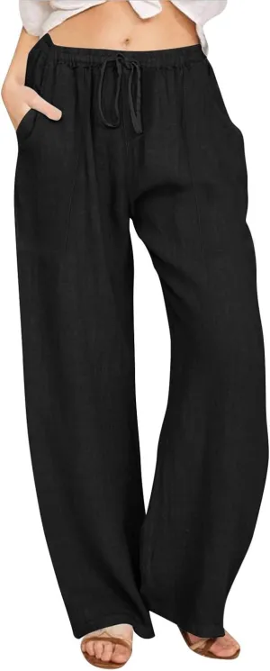 Cotton Linen Capri Pants for Women Flowy Wide Leg Summer High Waisted, Black Cargo Pants Women Golf Trousers