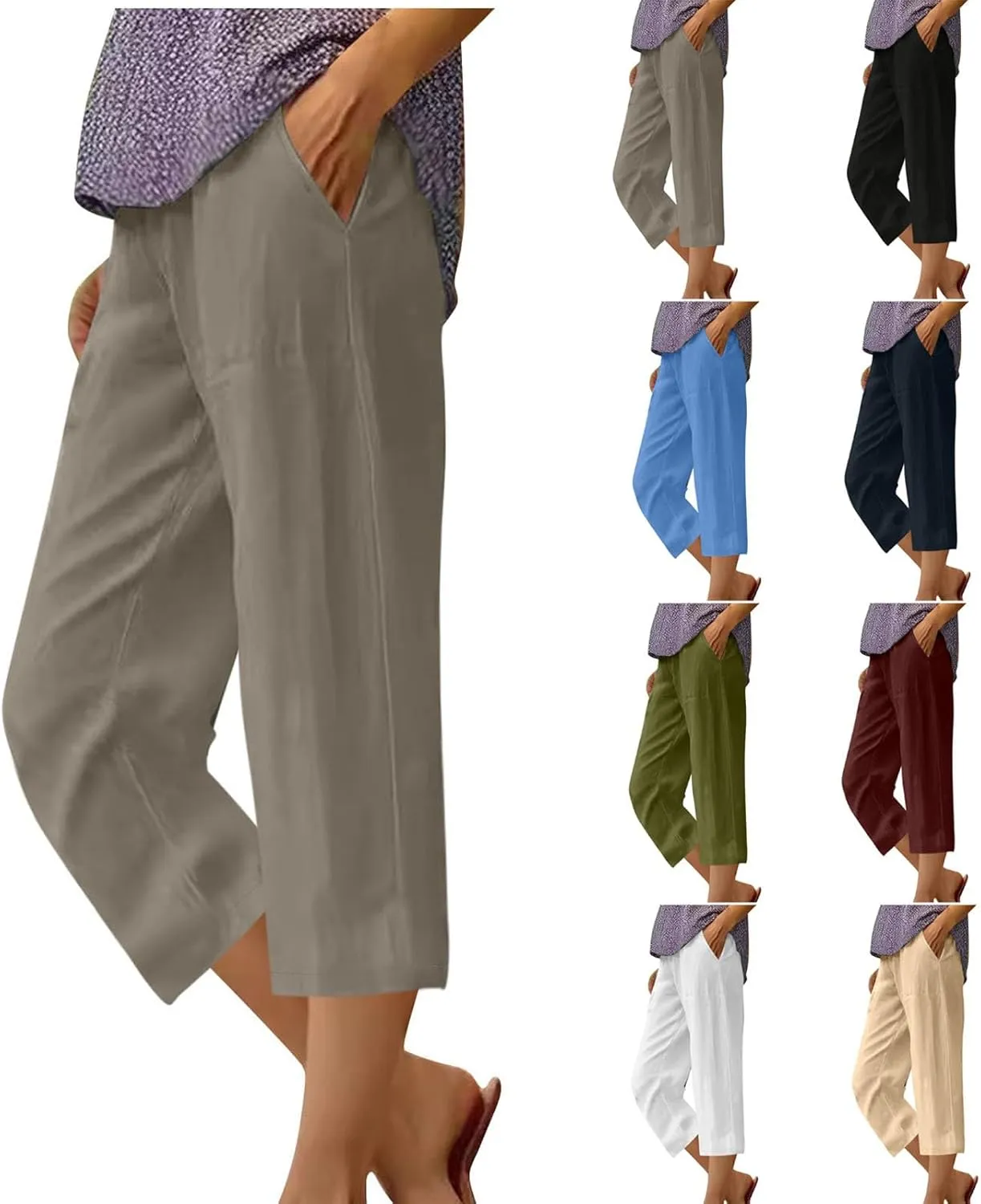 Cotton Linen Cropped Pants for Women 2025 Summer Casual Elastic Waisted Straight Leg Drawstring Trouser with Pockets
