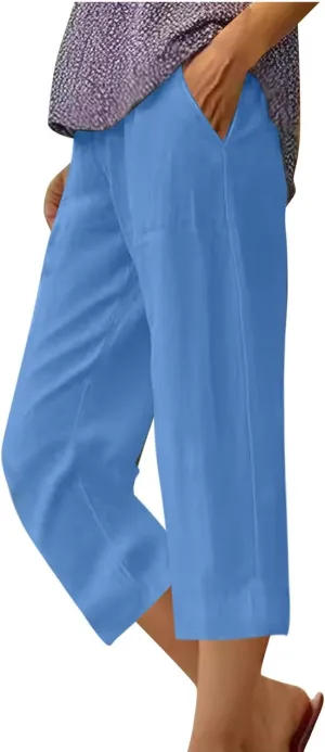 Cotton Linen Cropped Pants for Women 2025 Summer Casual Elastic Waisted Straight Leg Drawstring Trouser with Pockets