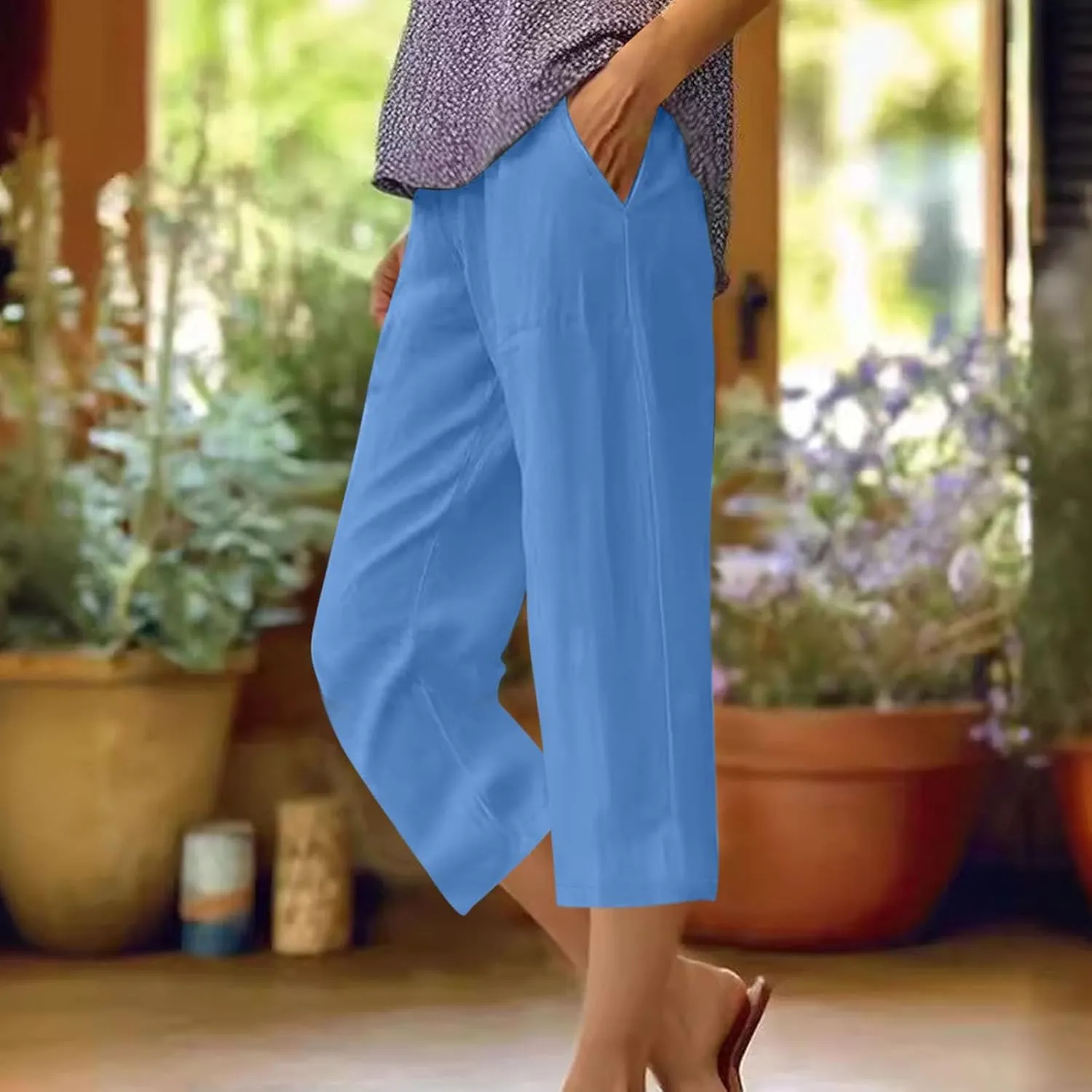 Cotton Linen Cropped Pants for Women 2025 Summer Casual Elastic Waisted Straight Leg Drawstring Trouser with Pockets