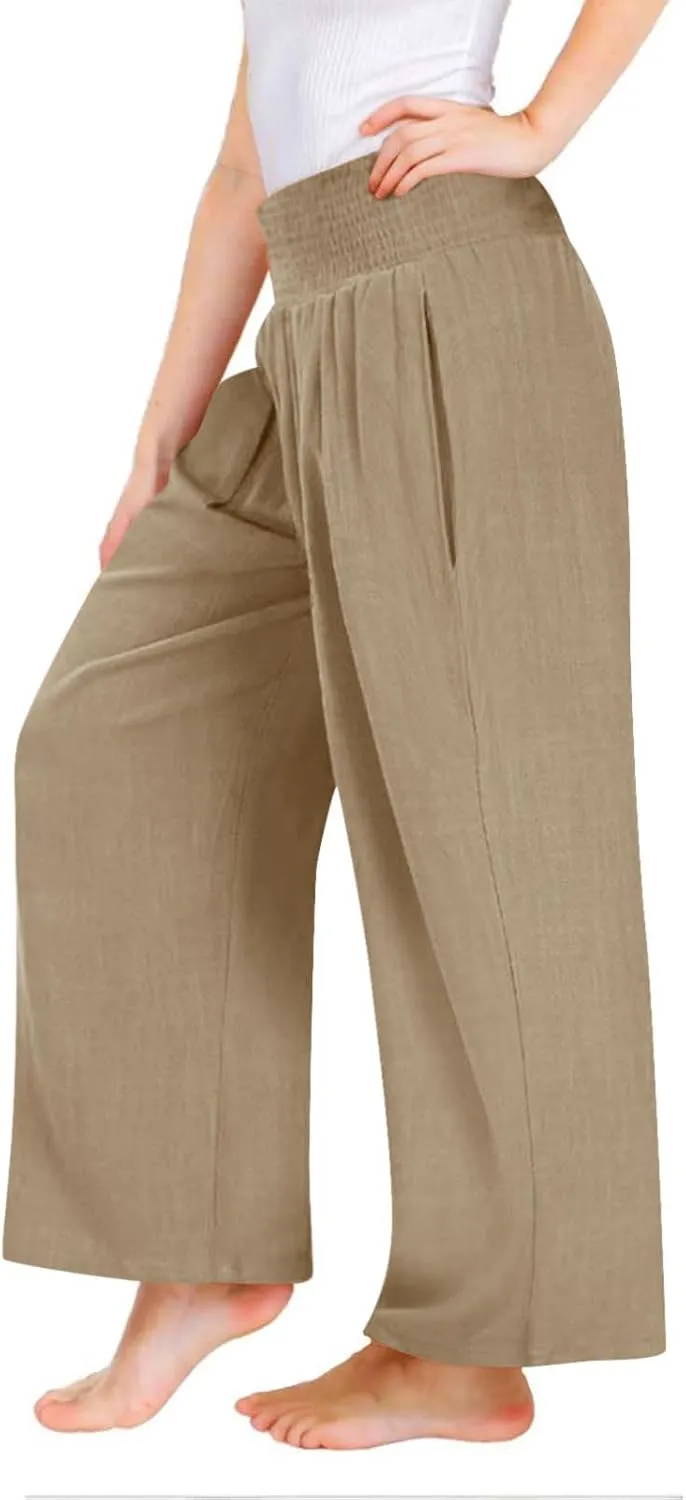 Cotton Linen Palazzo Pants for Girls Casual Smocked High Waist Wide Leg Long Pants Kids Summer Beach Lounge Trousers