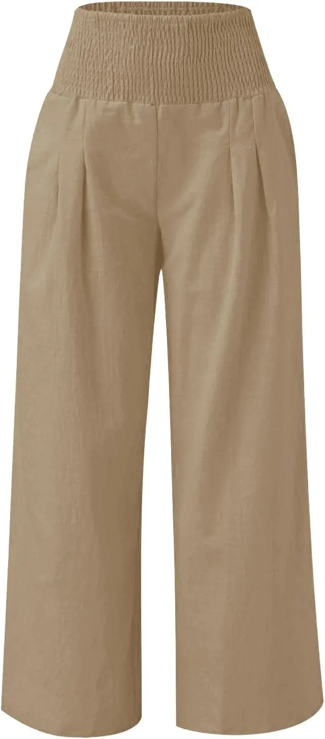 Cotton Linen Palazzo Pants for Girls Casual Smocked High Waist Wide Leg Long Pants Kids Summer Beach Lounge Trousers