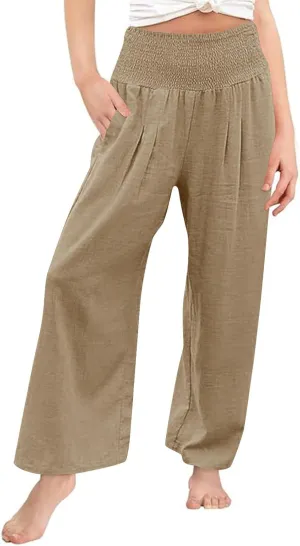 Cotton Linen Palazzo Pants for Girls Casual Smocked High Waist Wide Leg Long Pants Kids Summer Beach Lounge Trousers