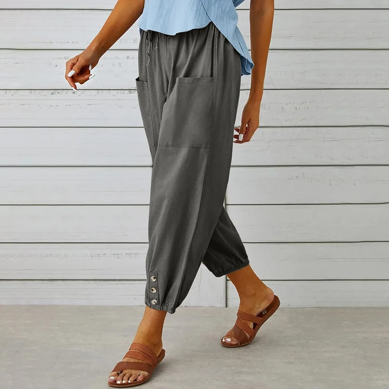 Cotton Linen Pants for Women Casual Summer Elastic High Waist Drawstring Lounge Pant Straight Leg Cropped Trousers