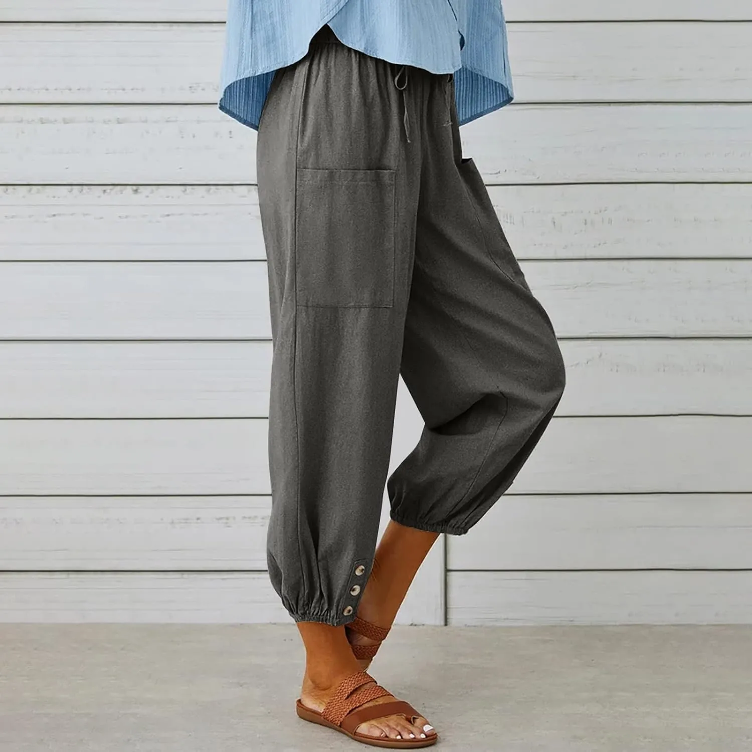 Cotton Linen Pants for Women Casual Summer Elastic High Waist Drawstring Lounge Pant Straight Leg Cropped Trousers