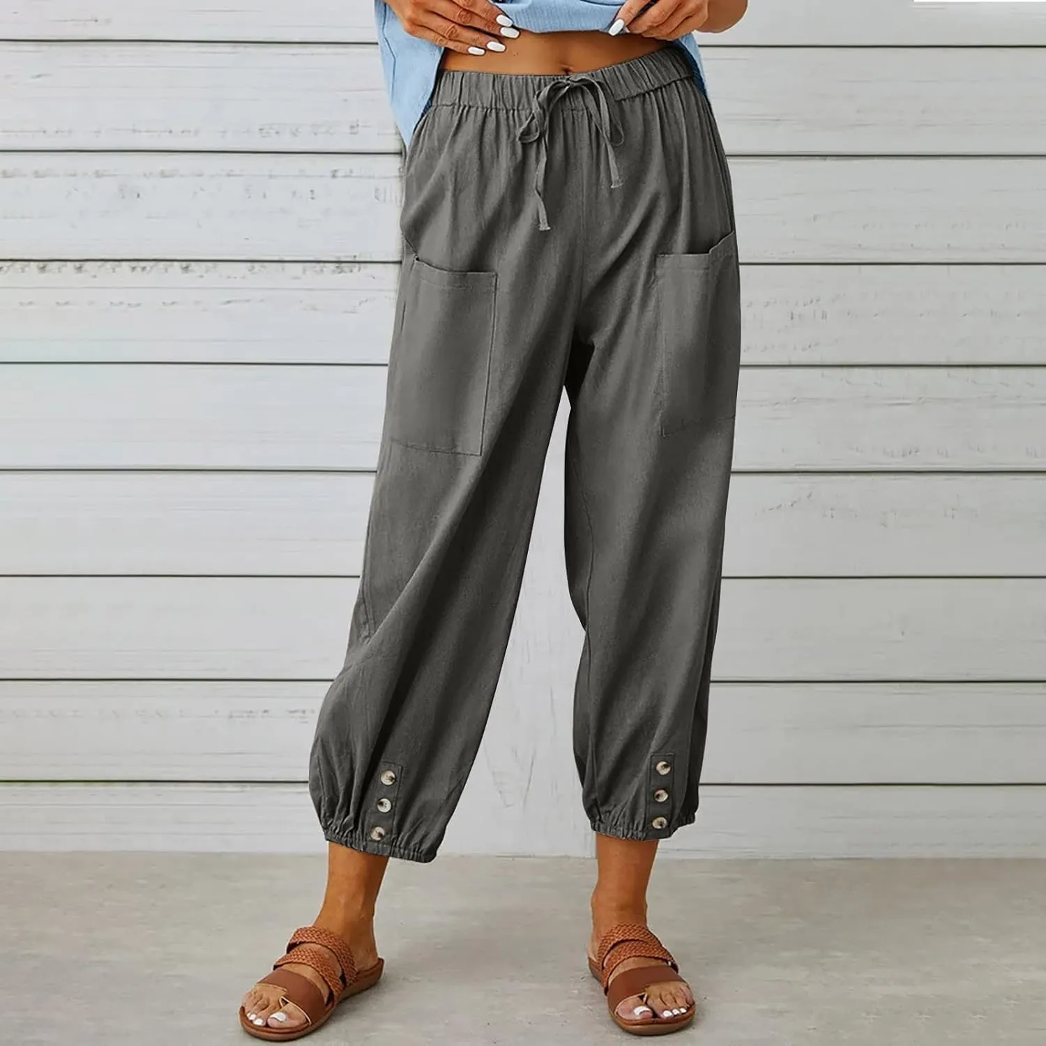 Cotton Linen Pants for Women Casual Summer Elastic High Waist Drawstring Lounge Pant Straight Leg Cropped Trousers