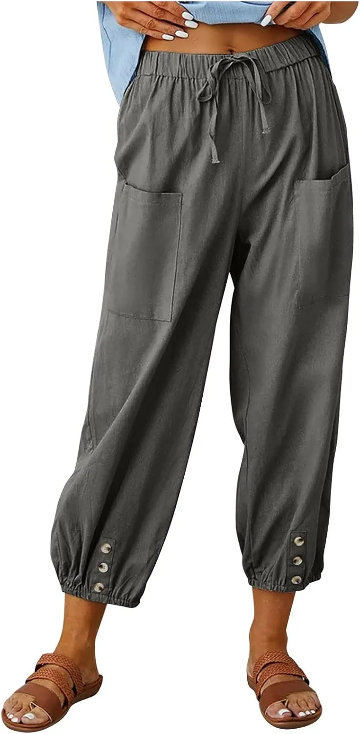 Cotton Linen Pants for Women Casual Summer Elastic High Waist Drawstring Lounge Pant Straight Leg Cropped Trousers