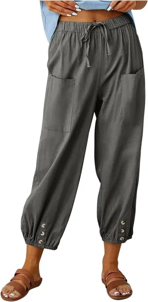 Cotton Linen Pants for Women Casual Summer Elastic High Waist Drawstring Lounge Pant Straight Leg Cropped Trousers