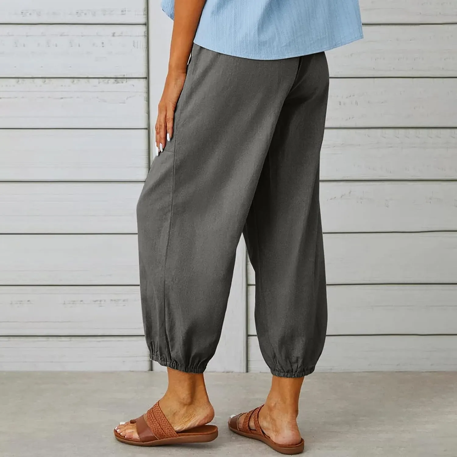 Cotton Linen Pants for Women Casual Summer Elastic High Waist Drawstring Lounge Pant Straight Leg Cropped Trousers