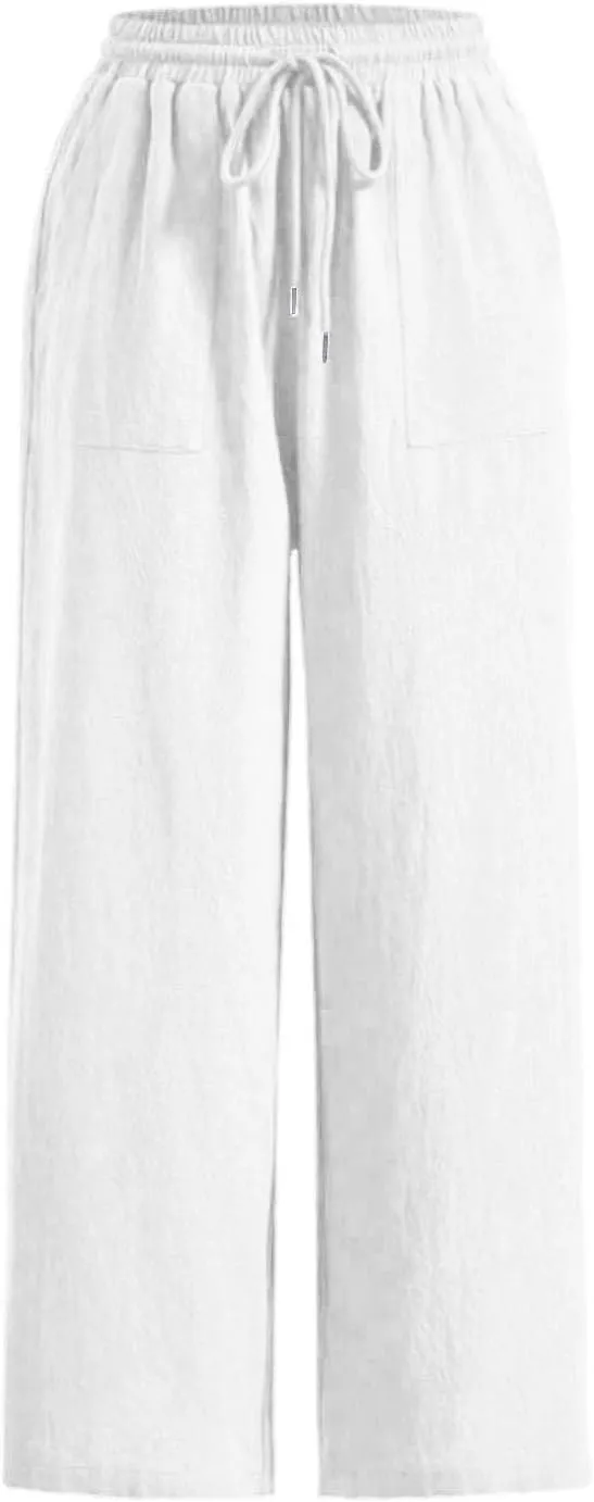 Cotton Linen Trousers for Women Drawstring High Waisted Lightweight Loose Wide Leg Palazzo Pants Casual Holiday Pants