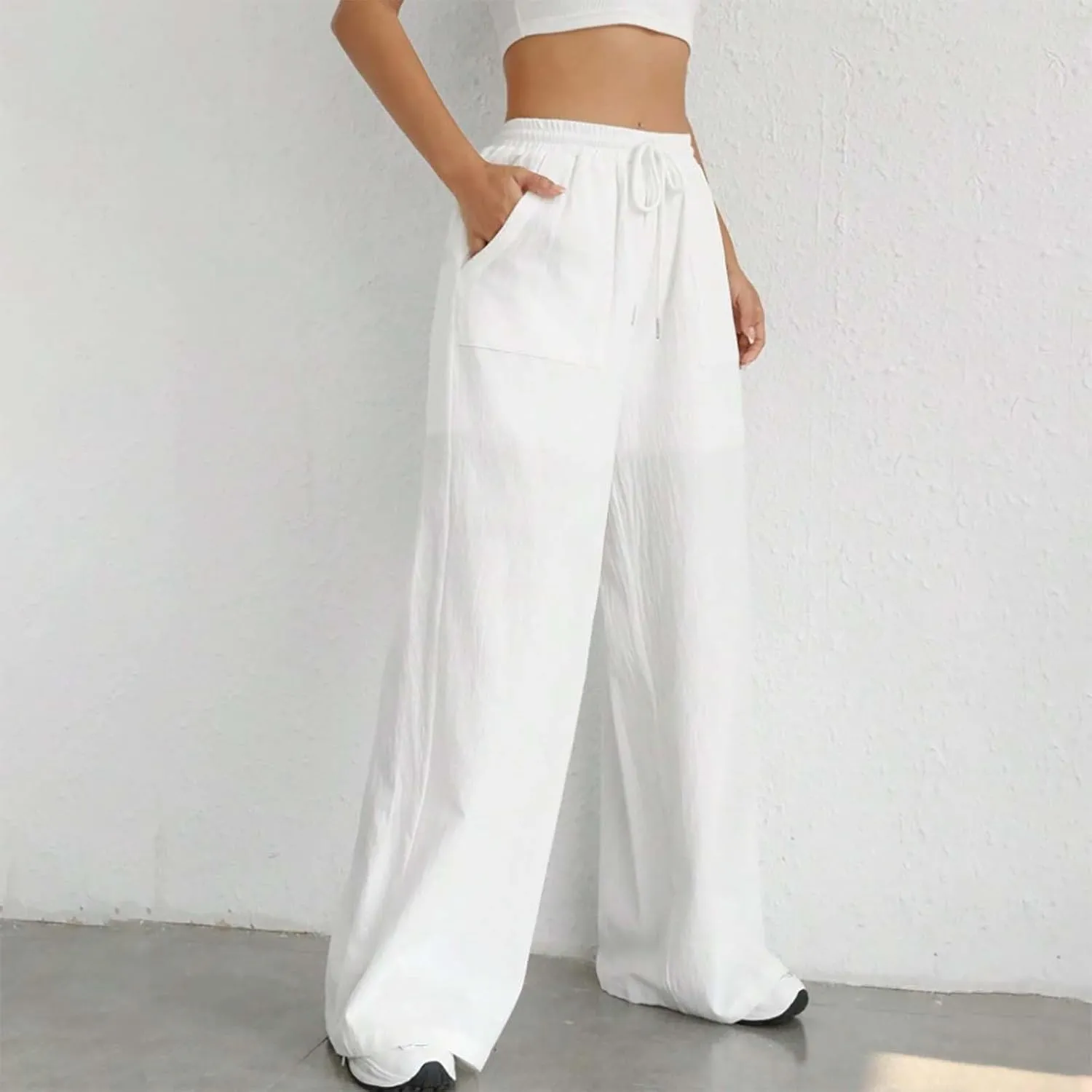 Cotton Linen Trousers for Women Drawstring High Waisted Lightweight Loose Wide Leg Palazzo Pants Casual Holiday Pants